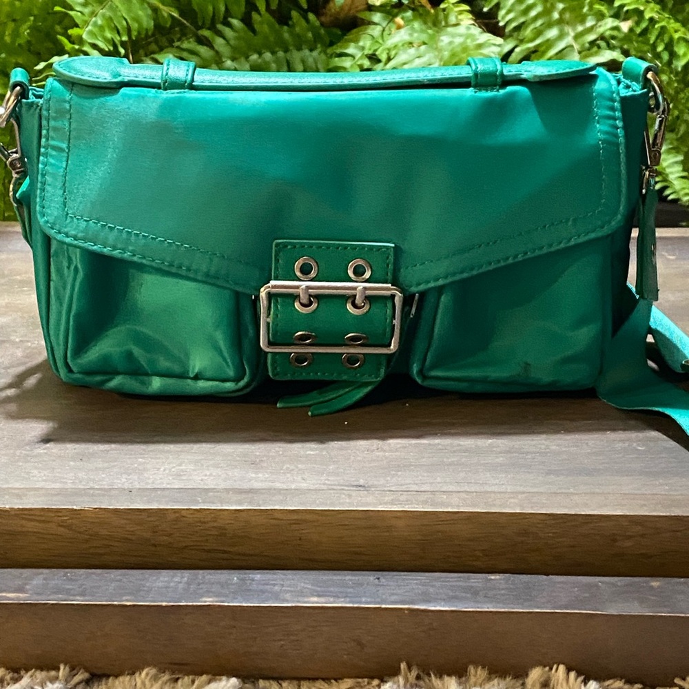 MADDEN NYC Green Crossbody Bag with Silver Buckle Detail